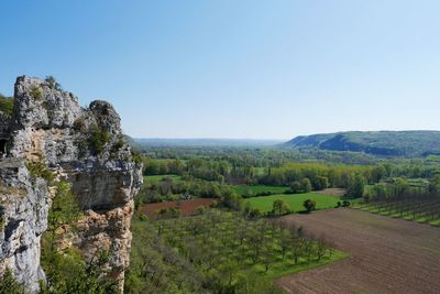 Scenic view of landscape against clear blue sky