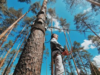 Low angle view of man standing by tree against sky