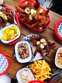 High angle view of food served on table