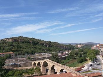 Aerial view of bridge over city against sky