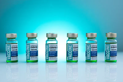 Close-up of bottles against blue background