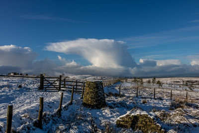 Scenic view of snowcapped field against sky