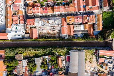 High angle view of buildings in city