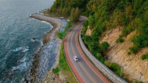 High angle view of road by sea