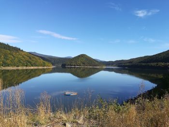 Scenic view of lake against blue sky