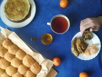 High angle view of breakfast on table