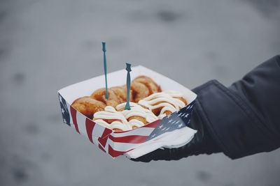 Cropped image of hand holding fast food in paper plate
