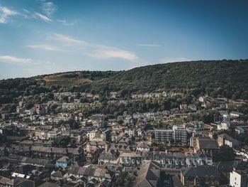 High angle shot of townscape against sky