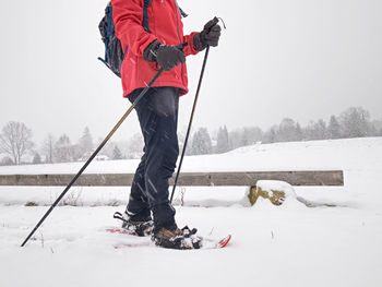 Single snow walker or cross skier sports woman and gray clouds in background. powder snow falling