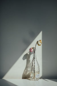 Close-up of flower vase on table against wall