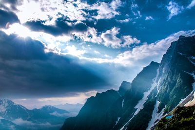 Aerial view of snowcapped mountains against sky