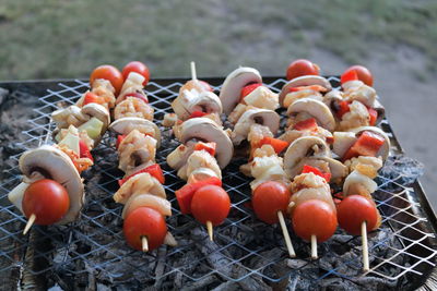 High angle view of vegetables on barbecue grill