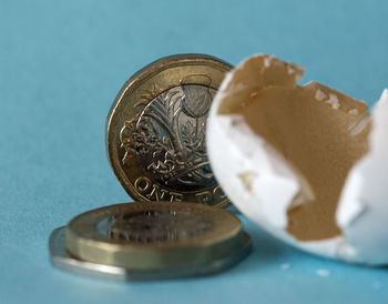 High angle view of coins on table