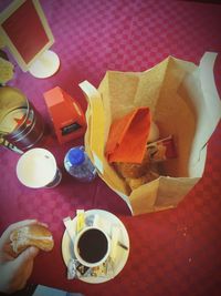 High angle view of breakfast on table