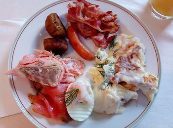 High angle view of food served on table