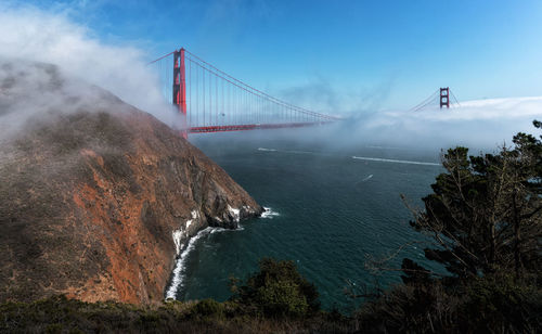 View of suspension bridge over sea