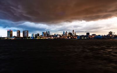 City at waterfront against cloudy sky