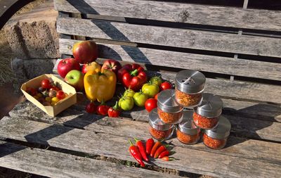 High angle view of fruits on table