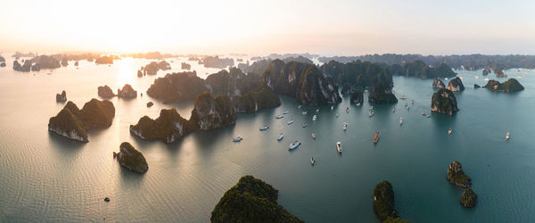 High angle view of sea against sky during sunset