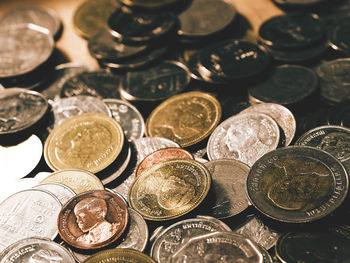 High angle view of coins