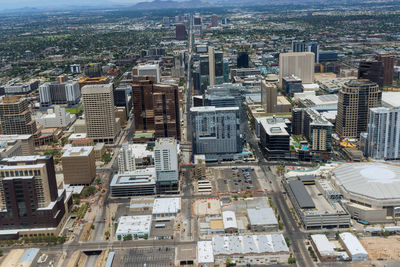 High angle view of city buildings