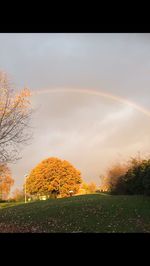 Scenic view of rainbow over landscape against sky