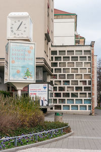 Potted plants on wall by building against sky