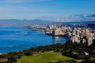 High angle view of city at waterfront