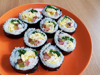 High angle view of sushi in plate on table