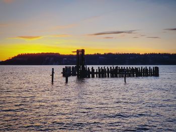 Silhouette wooden posts in sea against sky during sunset