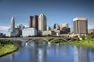 Bridge over river by buildings against sky in city