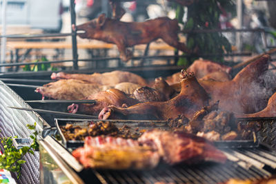 Close-up of meat on barbecue grill