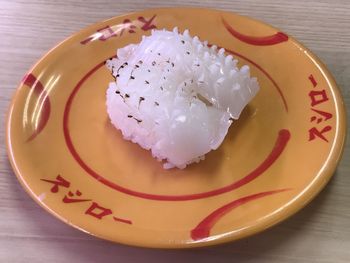 High angle view of cake in plate on table