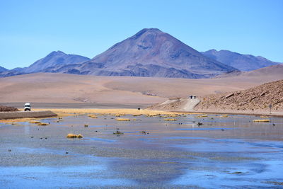 Scenic view of mountain against blue sky