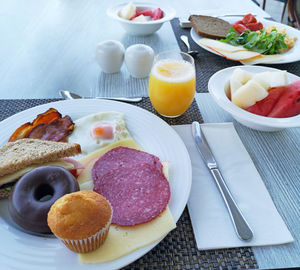 High angle view of breakfast on table