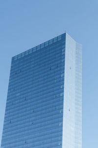 Low angle view of modern building against clear blue sky