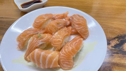 High angle view of food in plate on table