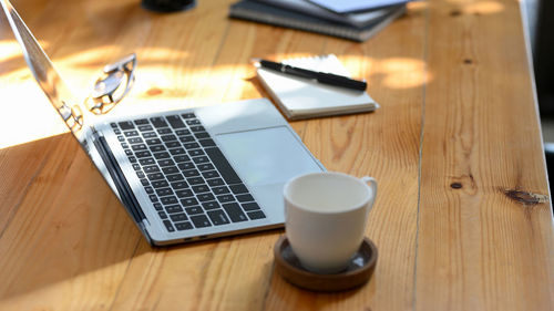 High angle view of laptop on table