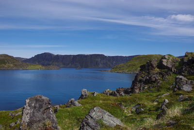 Scenic view of bay against sky