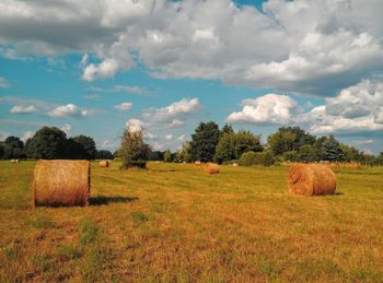 Hay bales on field against sky