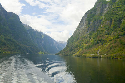 Scenic view of lake and mountains against sky