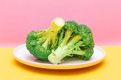 Two fresh and raw pieces of broccoli on white plate. uncooked green cabbage