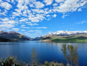 Scenic view of lake and mountains against sky