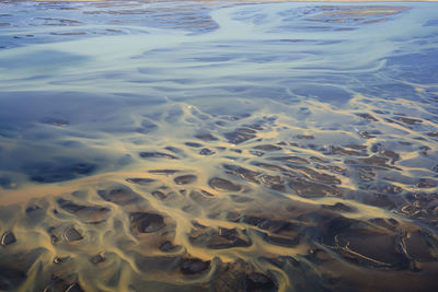 Aerial view of braided orange and blue rivers in southern icelan