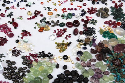 High angle view of multi colored gemstones