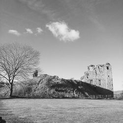 Scenic view of land and trees against sky
