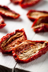 High angle view of meat in plate on table