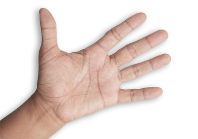 Close-up of human hand over white background