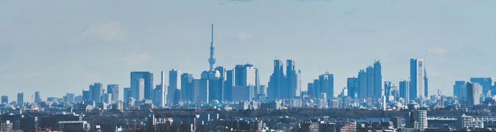 Panoramic view of modern buildings in city against sky