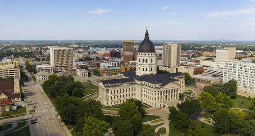 High angle view of buildings in city